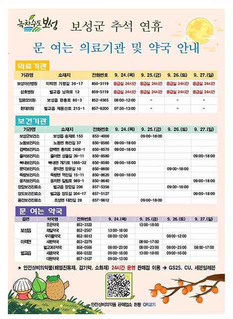 1-1. 보성군, 추석 연휴 종합대책 추진! 군민 안전·생활 편의 강화__보성군 추석 연휴 문 여는 의료기관 및 약국 안내_ 포스터.jpg