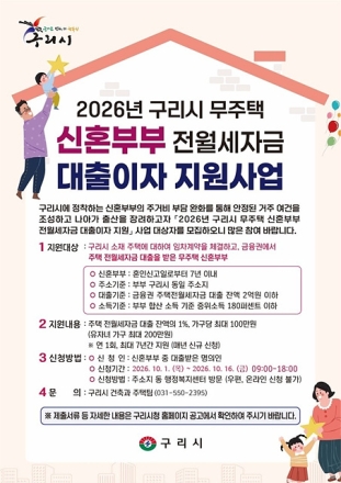 구리시, 무주택 신혼부부 전월세 자금 대출이자 지원 확대