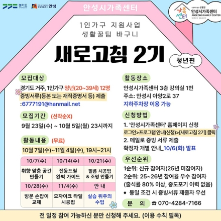 안성시, 1인 가구 지원사업 ‘생활꿀팁 바구니’ 청년 참여자 모집