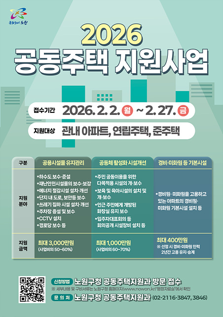 아파트 비중 80% 노원구.. 공동주택 단지별 최대 3천만 원 지원<2026년 공동주택 지원사업 실시>