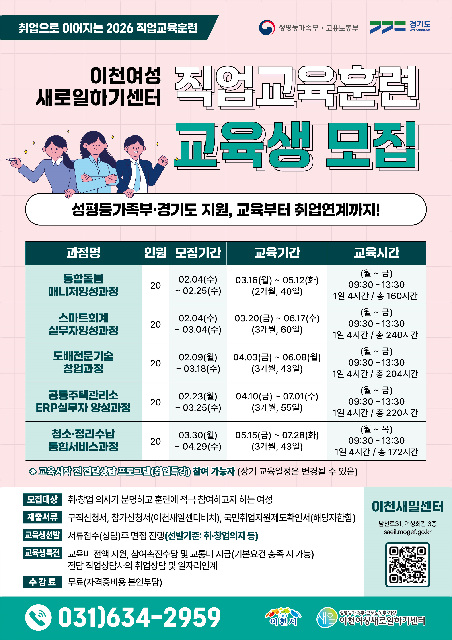 이천여성새로일하기센터, 2026년 직업교육훈련 교육생 모집