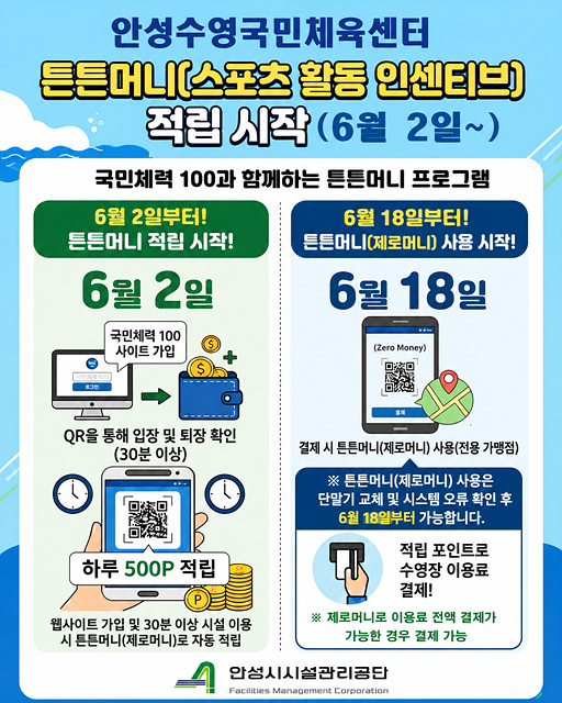 안성시시설관리공단 안성수영국민체육센터,6월 2일부터 ‘튼튼머니’ 적립 사업 실시