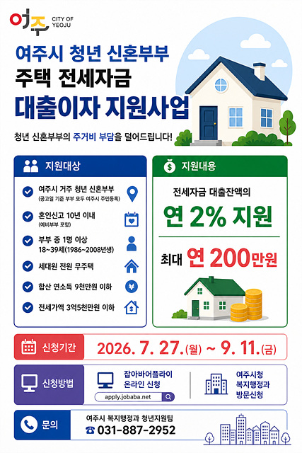 여주시, 청년 신혼부부 주택 전세자금 대출이자 지원사업 추진