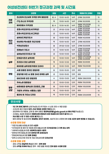 광주시, 여성비전센터 하반기 정규과정 수강생 8월 3일부터 모집