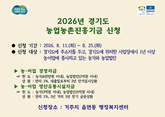 이천시, 「2026년 3차 경기도 농업농촌진흥기금」 지원사업 신청 접수