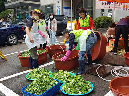 1. 군포시 산본2동 지역사회보장협의체 위원들이 취약계층에 보낼 열무김치를 담그고 있다..jpg